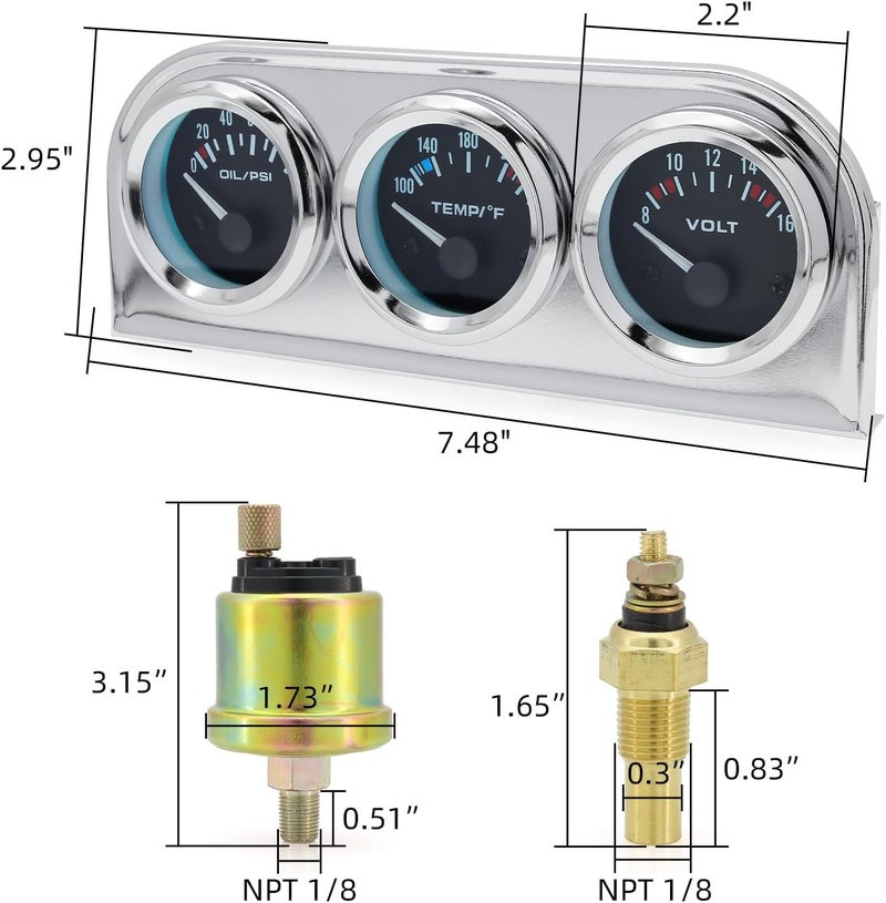 ARTILAURA 52mm Triple Gauge Set (Oil Pressure + Water Temp + Volt) 3 in1 Black AUTO Gauges 3 Set Cluster Kit Dashboard with Silver Console for 12V Cars - Image 2